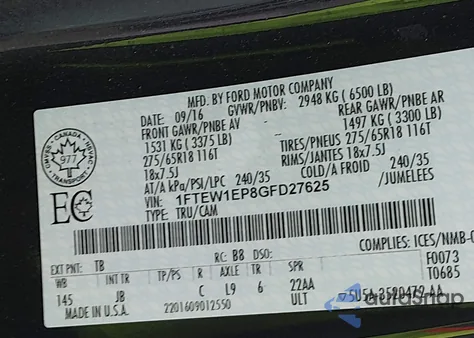 2016 Ford F-150 Xlt from USA, damaged, VIN 1FTEW1EP8GFD27625